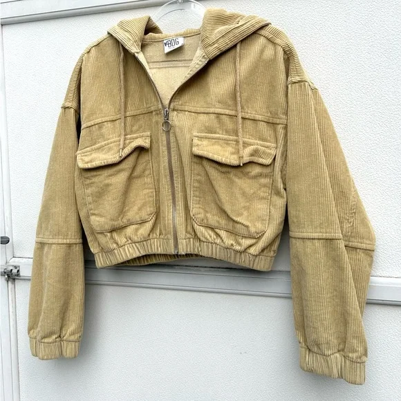 Urban Outfitters BDG Corduroy Jacket Pockets Hoodie Cropped Oversized Tan Sz XS - Picture 3 of 10